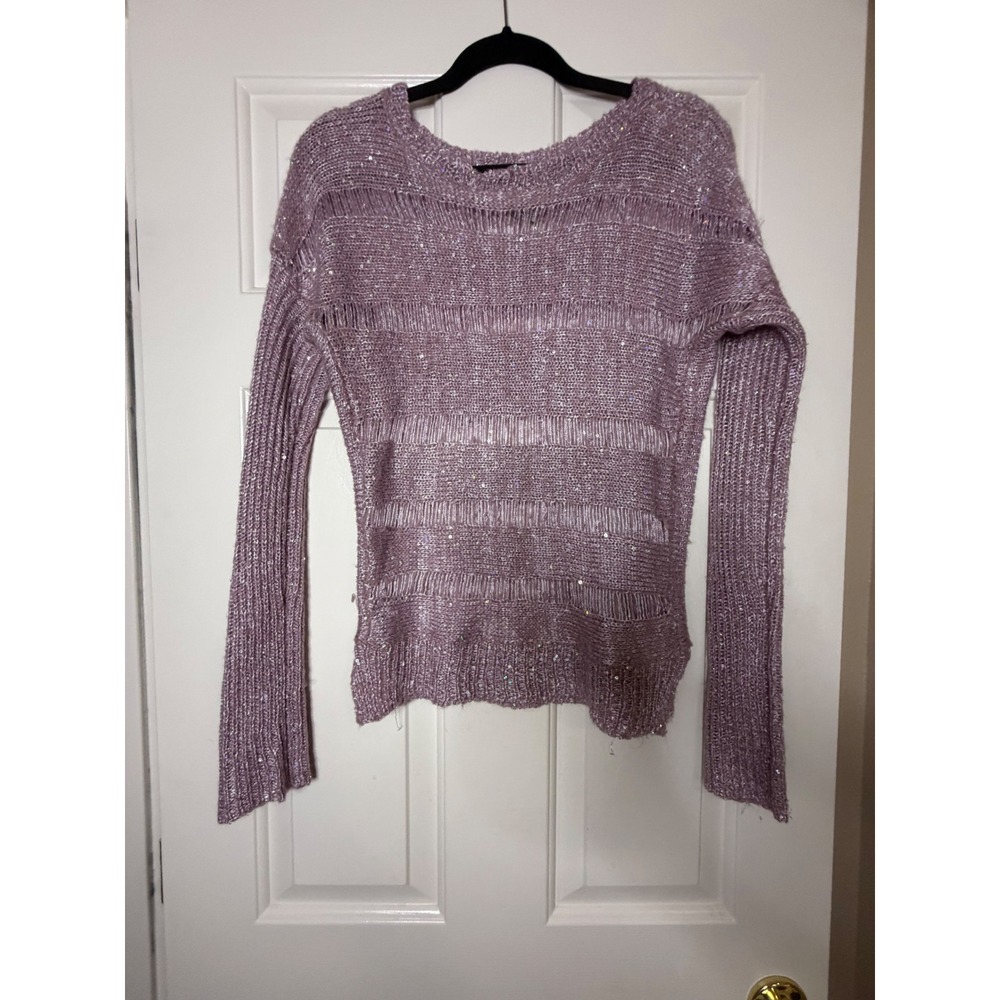 Guess Los Angeles Mauve Sequin Open Knit Distressed Sweater Small Lavender